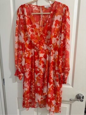 Calvin Klein Red Orange Floral V-Neck Long Sleeve Dress